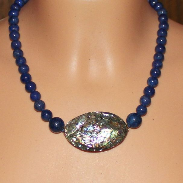 Unikatowa biżuteria - naszyjnik z lapis lazuli i muszli Abalone 4