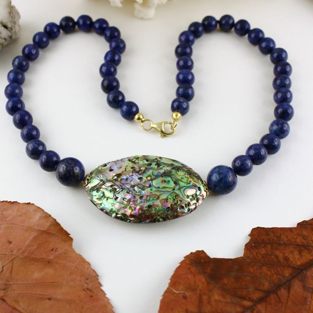 Unikatowa biżuteria - naszyjnik z lapis lazuli i muszli Abalone 6