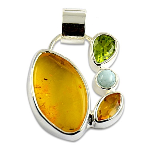 Wisior z bursztynu, peridotu, larimaru i cytrynu