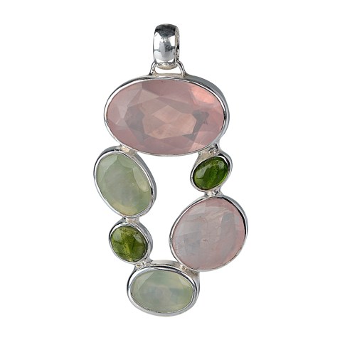 Anhänger Rosenquarz facettiert, Prehnit, Chromdiopsid, 6cm