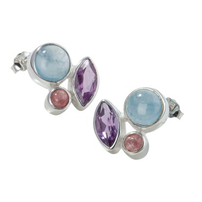 Ohrstecker Blau &amp; Beere Aquamarin, Amethyst facettiert, Turmalin rot